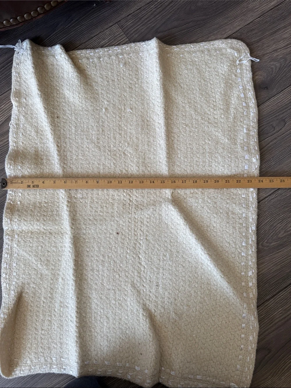 Vintage Cream Wool Baby Blanket Hand Laced Satin Ribbon 24x31